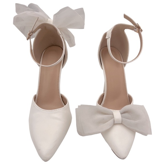 White Pointed Toe Asymmetrical Tulle Bow Stiletto High Heels - Picture 7 of 13